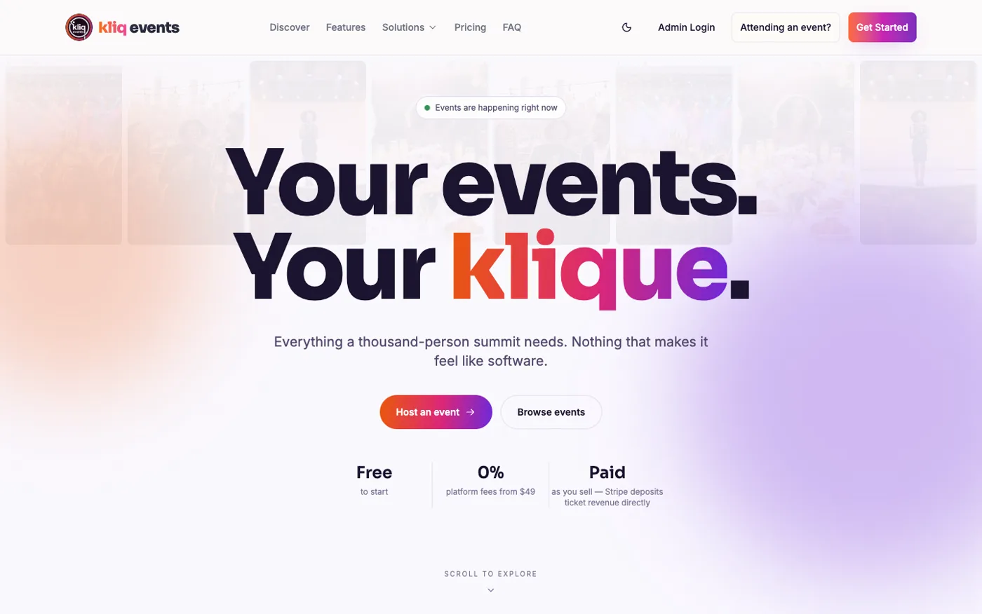 Kliq Events homepage, “Your events. Your klique.”