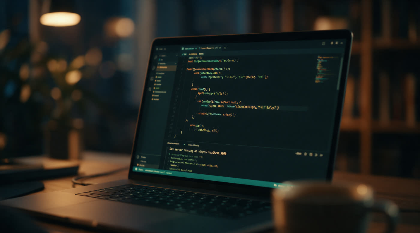 A laptop open at night showing a live code editor and running dev server